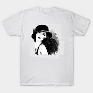 Girl with a Hat - Black & White Illustration T-Shirt